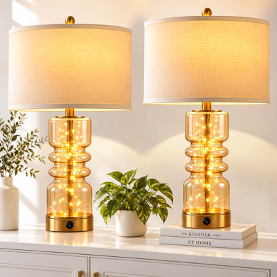 Layered Glass Bedside Table Lamp, 23.3'' Height, Built-in String Lights & Linen Shade Warm Ambient Lighting, USB & Type-C Charging Ports for Bedroom Living Room, Ideal Holiday Gift