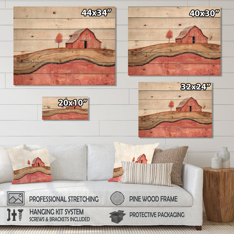 Autumn Farm On A Wooden Slide Landscape II - Barn Wood Wall Decor - On Natural Pine Wood, 10" H x 20" W x 0.78" D