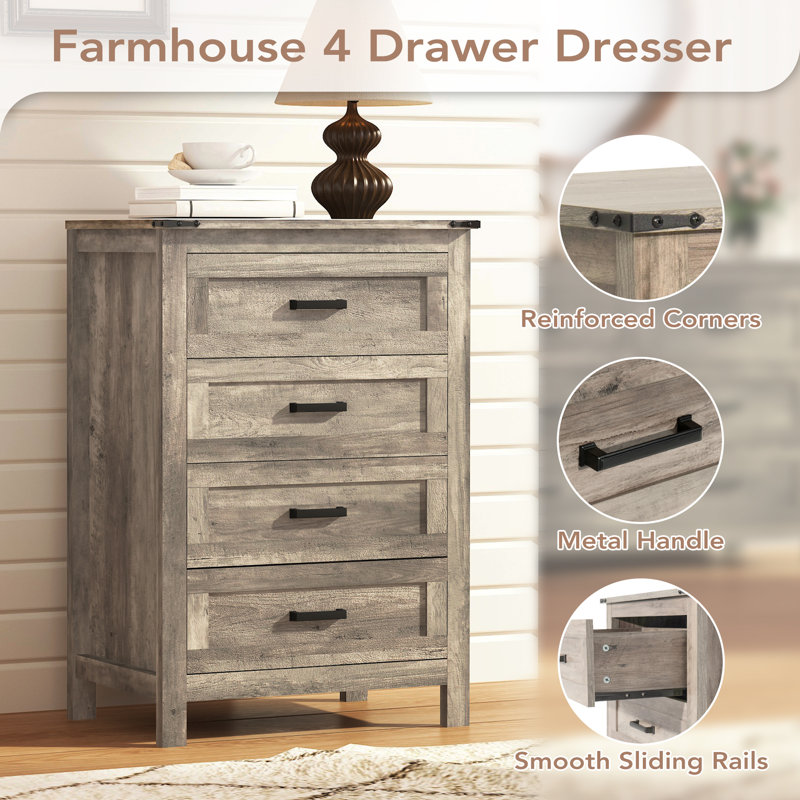 L'ensemble de chambre à coucher 4 pièces Farmhouse comprend une commode 6 tiroirs, une commode 4 tiroirs et des tables de chevet, 2