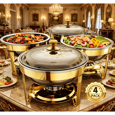 Chafing Dishes For Buffet, 4 Pack 5qt Round Stainless Steel Chafing Dish Set For Home Parties, Christmas Gatherings, Catering Events Complete Buffet Warmer Set (golden 4)