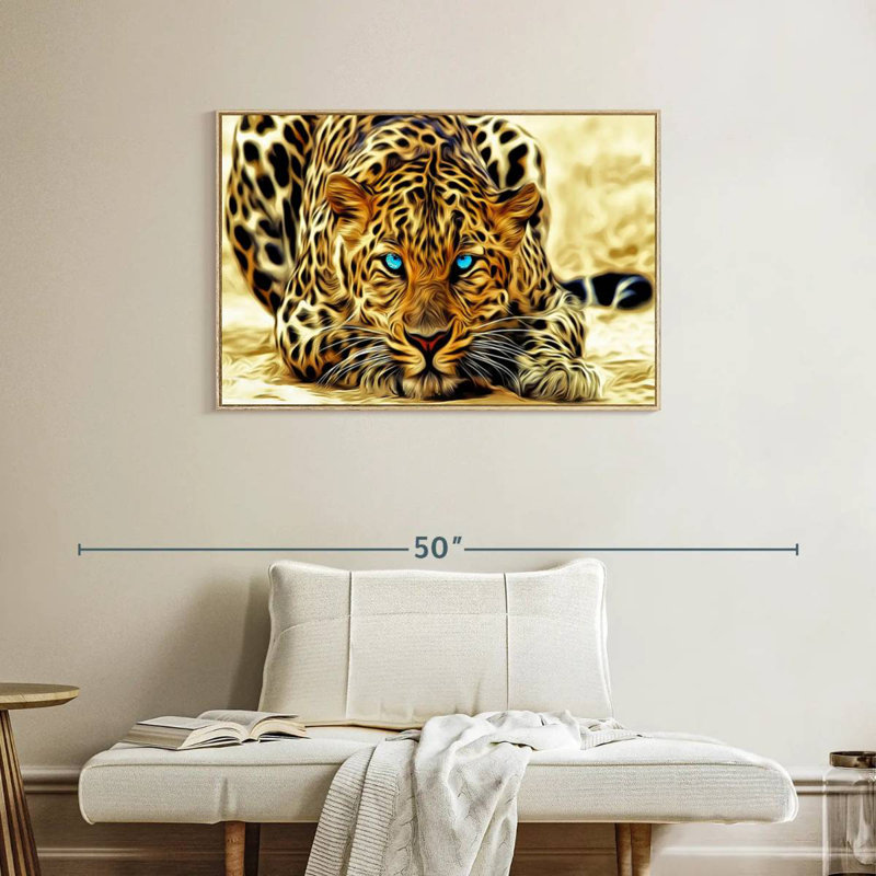 Jaguar aux yeux bleus, Cadre flottant en bois naturel, 37 po x 25 po