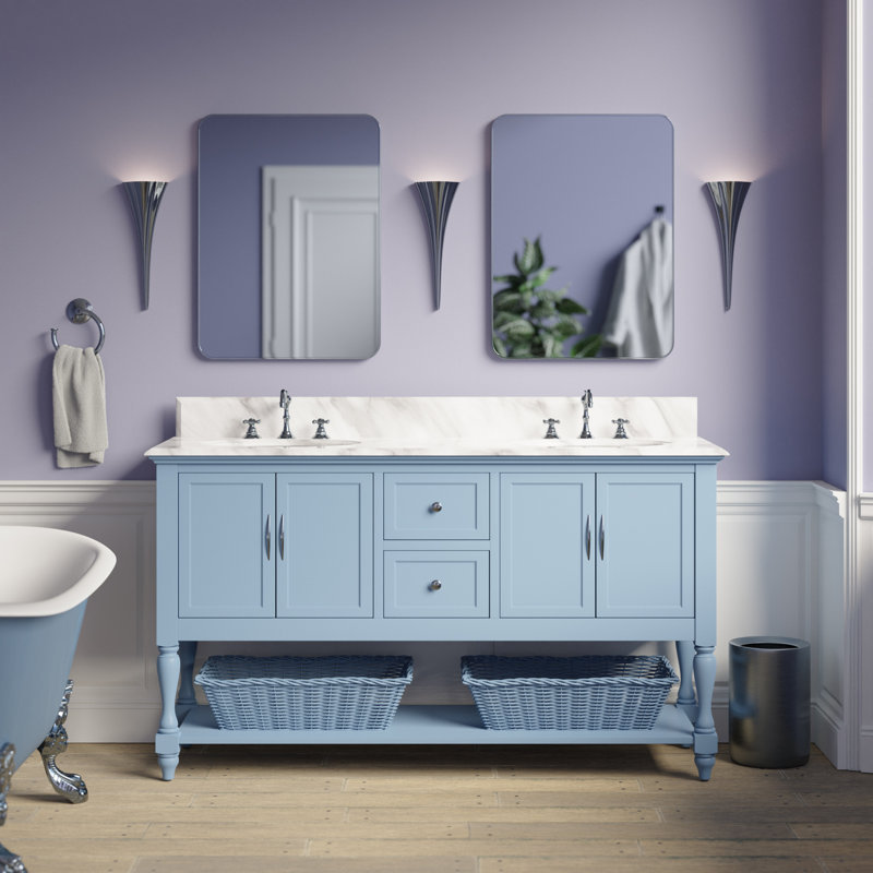 Hampton 60'' Double Bathroom Vanity with Top, Carrara Marble, Powder Blue
