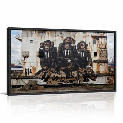 Three Chimpanzees in Suits Sitting on Money Bags Rusty Ship Canvas Wall Art