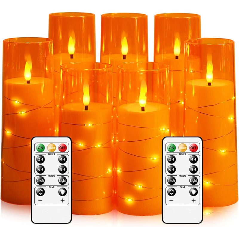Orange LED Flameless Pillar Candles with Timer and Remote, Set of 7