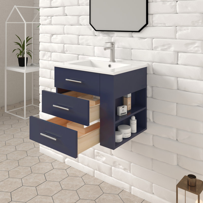 Ensemble de meuble-lavabo mural simple 24 po Aurilla avec comptoir en céramique blanc bleu marine et tablette droite Aurilla