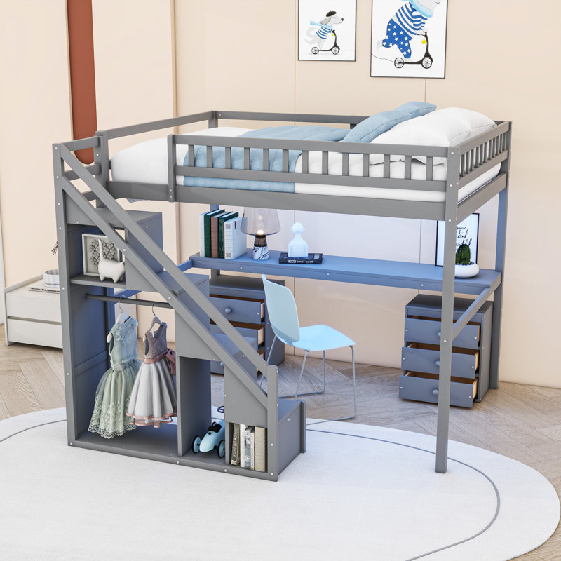 Lit mezzanine en bois avec bureau intégré et éclairage DEL, Gris, Double