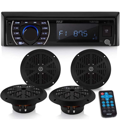 Pyle Marine Head Unit Receiver Speaker Kit - In-Dash LCD Digital Stereo Built-In Bluetooth & Microphone W/ AM FM Radio System 6.5’’ Waterproof Speakers (4) MP3/SD Readers & Remote Control -PLMRKT48BK