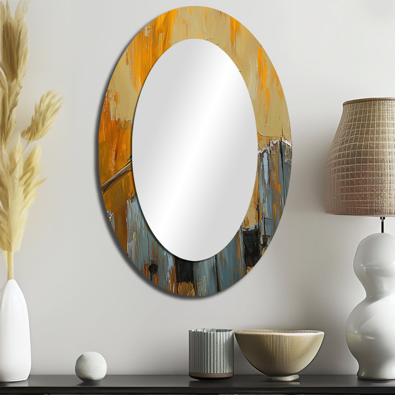 Oiseau pinson sur la clôture de la basse-cour II - grand miroir mural ovale sur métal, 36" x 24"