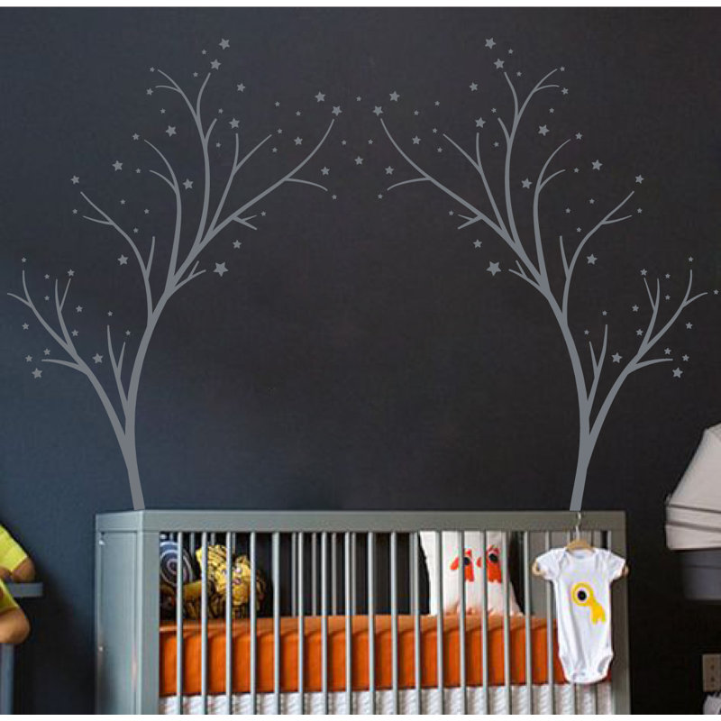 Décalcomanie murale arbres étoiles, H 80 po x l 99 po x P 0,01 po, Gris orage