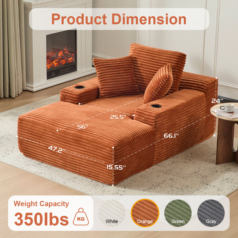 Oversized 66.2In Compression Corduroy Chaise Lounge for Living Room, Modern Deep Seat Cloud Couch with High Resilience Foam, No Assembly Upholstered Lounge Sofa with Cup Holders, Pet Friendly Comfy Textured Sofa Couch for Bedroom Home Theater