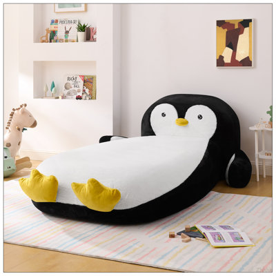Twin Size Fluffy Faux Fur Penguin Shaped Bed Lounger Chair with 100% Sponge Filling for Kids Bedroom Playroom (88''x45''x29.5'')