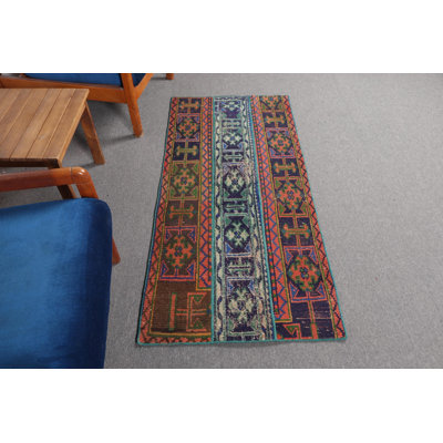 Small Vintage Turkish Patchwork Rug in Vibrant Orange for Kitchen or Entryway Decor