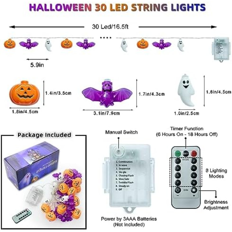 Guirlande d'Halloween, guirlande de citrouilles d'Halloween 16,4 pi, 30 lumières DEL orange et mauve à pile, 8 modes d'éclairage