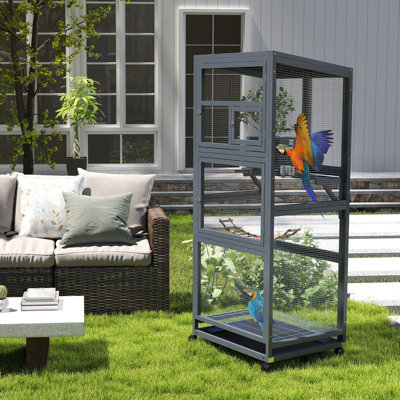 68.3''Enclosure indoor Floor Wooden Bird Cage Equipped with Stand and Wheels, Grey