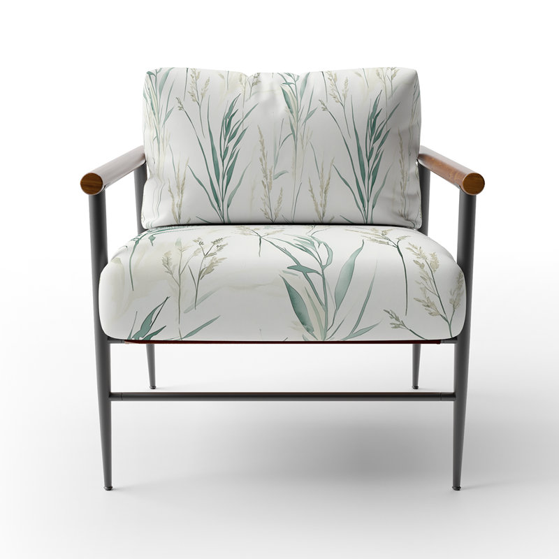 Chaise rembourrée Coastal - Fauteuil vert Beach Grass, Bras ronds bruns