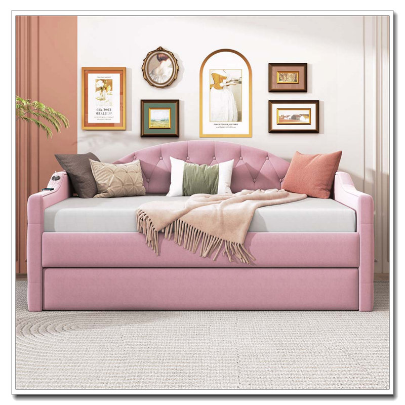 Twin Size Tufted Upholstered Daybed with Trundle, Velvet & USB/Type-C Charging, Pink