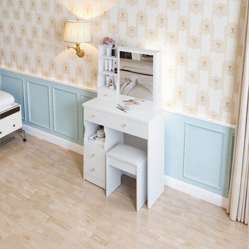 29 Inch Compact Vanity Desk with Sliding Mirror, Space-Saving Dressing Table and Stool Set, White