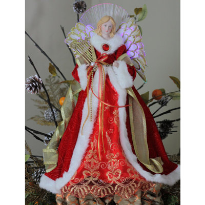 16" Lighted Fiber Optic Angel in Garnet Red Coat with Harp Christmas Tree Topper