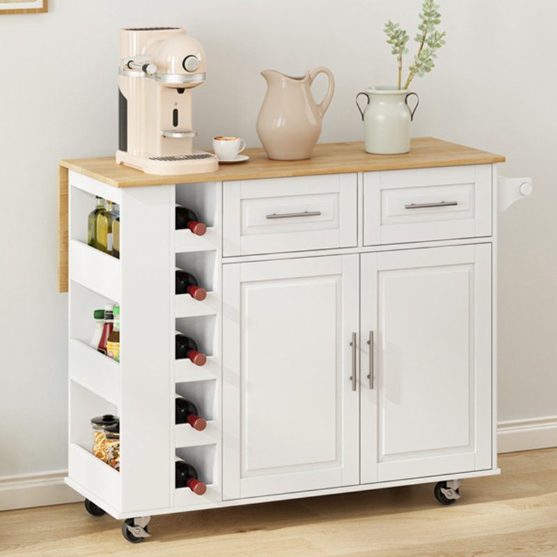 Chariot multifonctionnel pour îlot de cuisine avec armoire à 2 portes et 2 tiroirs, support à épices, porte-serviettes, support à vin et plateau de table en bois d'hévéa pliable