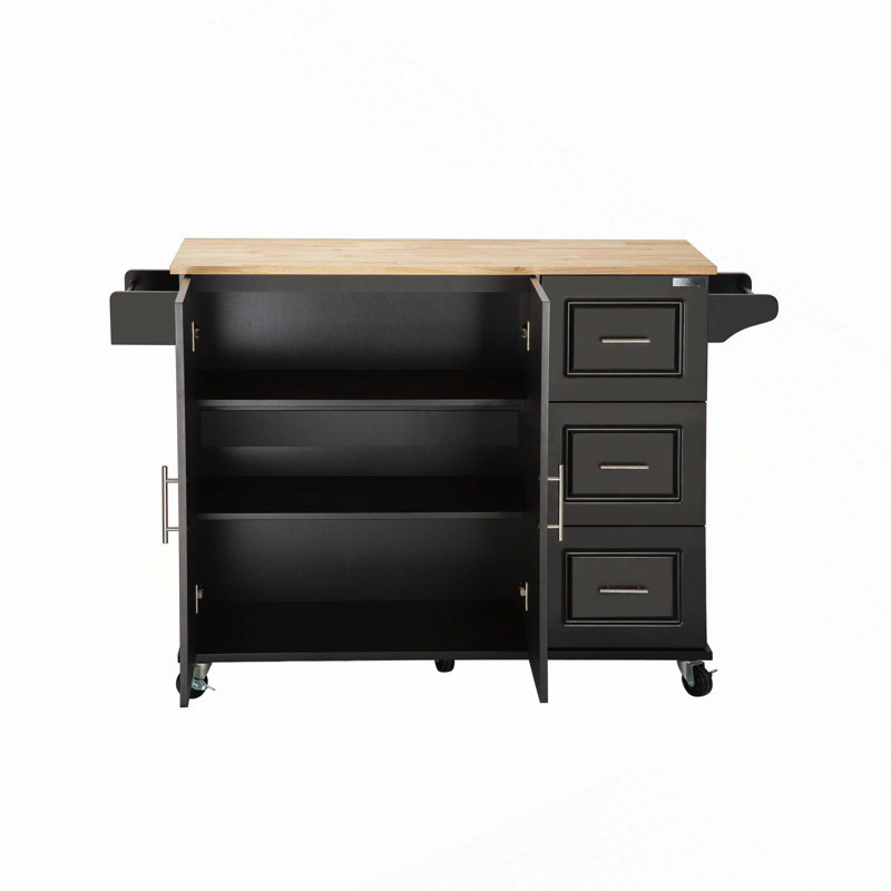 Kitehcn Island with Extensible Rubber Wood Table Top,adjustable Shelf Inside Cabinet for Different Utensils, Black