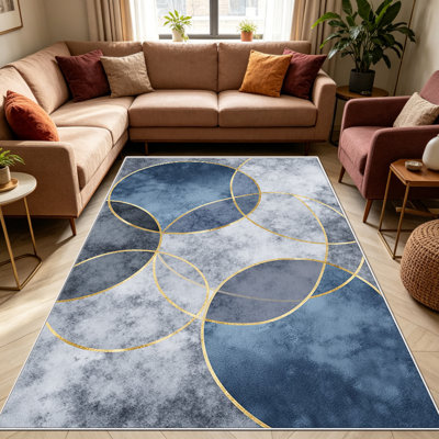 Tapis 1pc Blue Gold Circles, élégant tapis décoratif polyvalent, facile à nettoyer et à entretenir, pièce de mobilier idéale pour la chambre à coucher, le salon, le couloir, le vestibule, le dortoir et le bureau afin de rafraîchir l'ambiance intérieure de votre maison