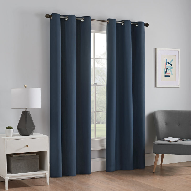 Microfiber Blackout Grommet Curtains, Solid Thermaback Window Curtains, 42" W x 84" L, Navy