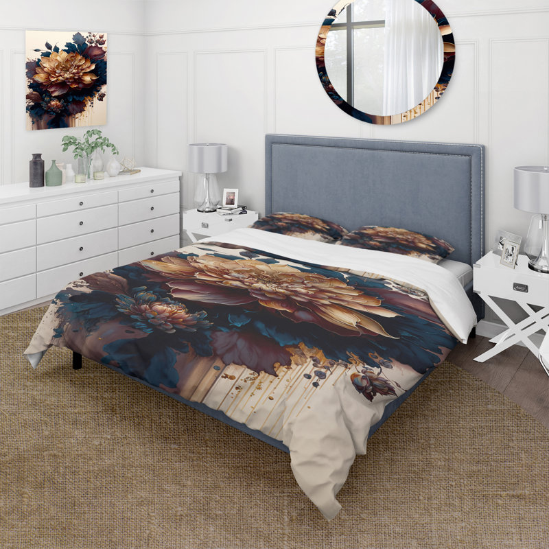 Ensemble de housse de couette Dahlia Bunch II bourgogne et bleu - Polyester microfibre