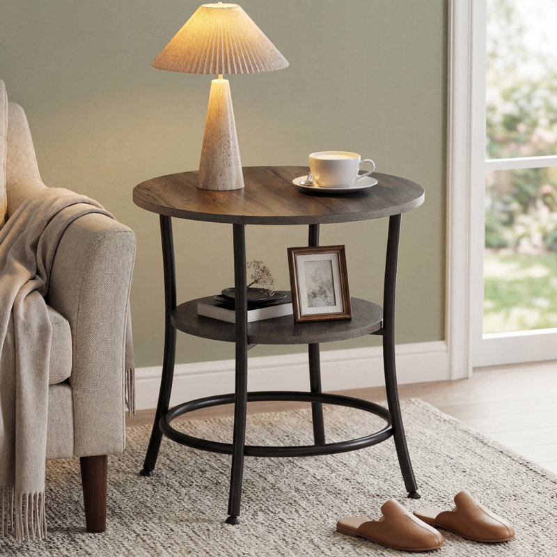 2-Tier Wood Grain Round Side Table, Sofa/Bed Side Table With Shelf, Round End Table For Small Spaces Living Room Bedroom