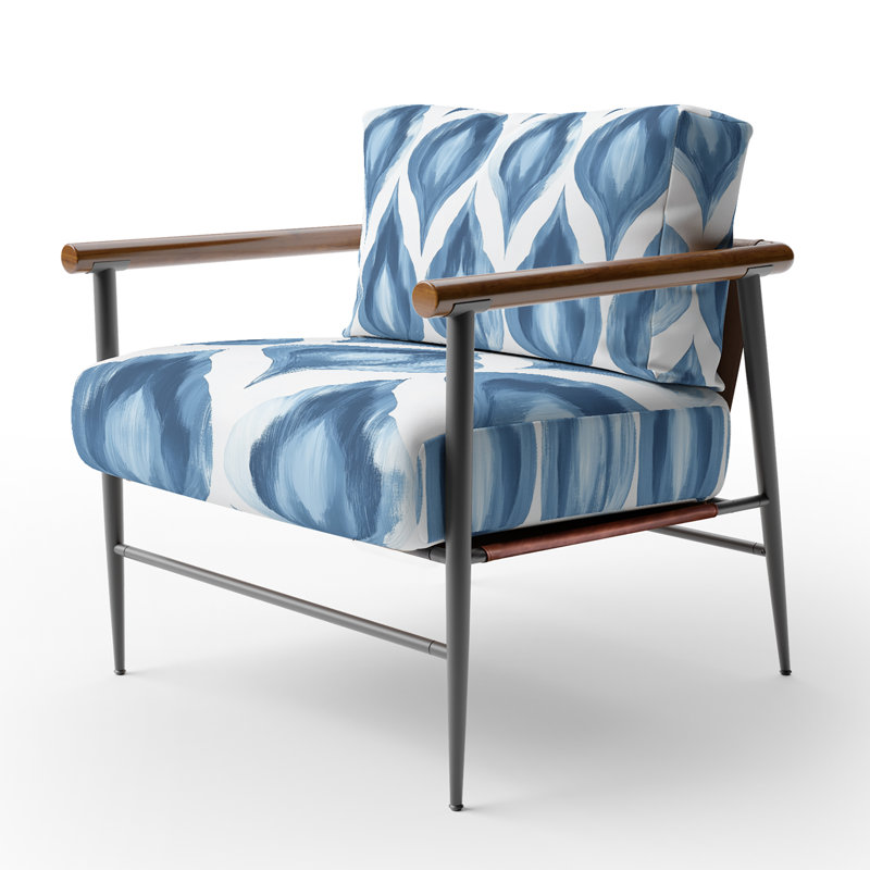 Chaise rembourrée moderne avec accoudoirs bleus et blancs Ikat, Bras ronds bruns
