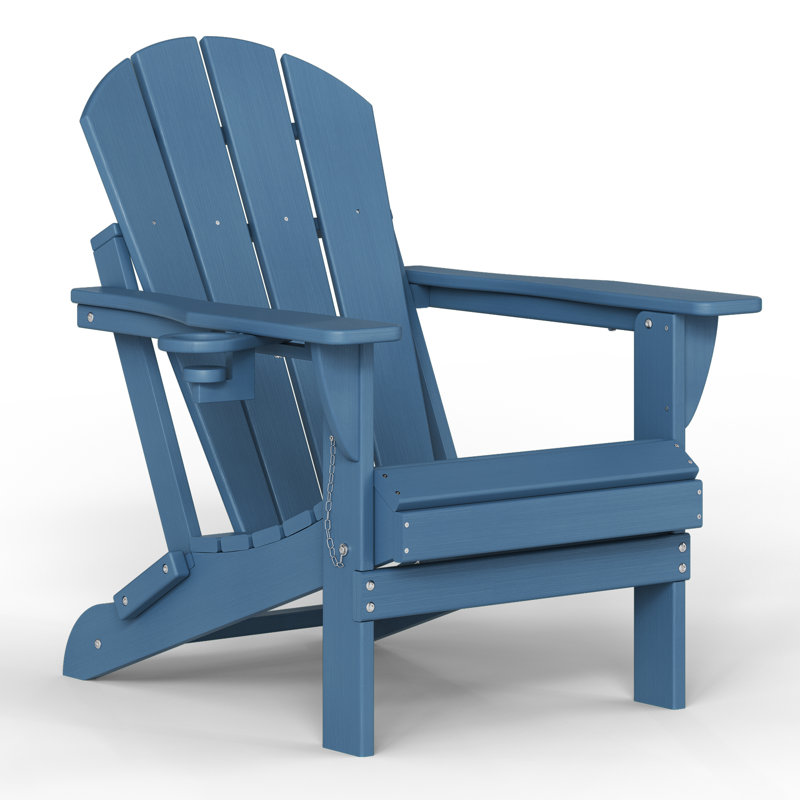 HDPE Outdoor Adirondack Foldable Chair With Cup Holder, Navy Blue
