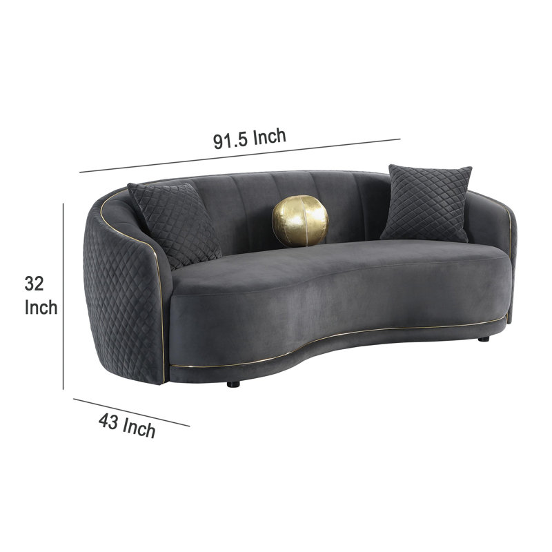 Canapé courbé Buo, 92 po, polyester gris foncé, bordure dorée, 3 coussins