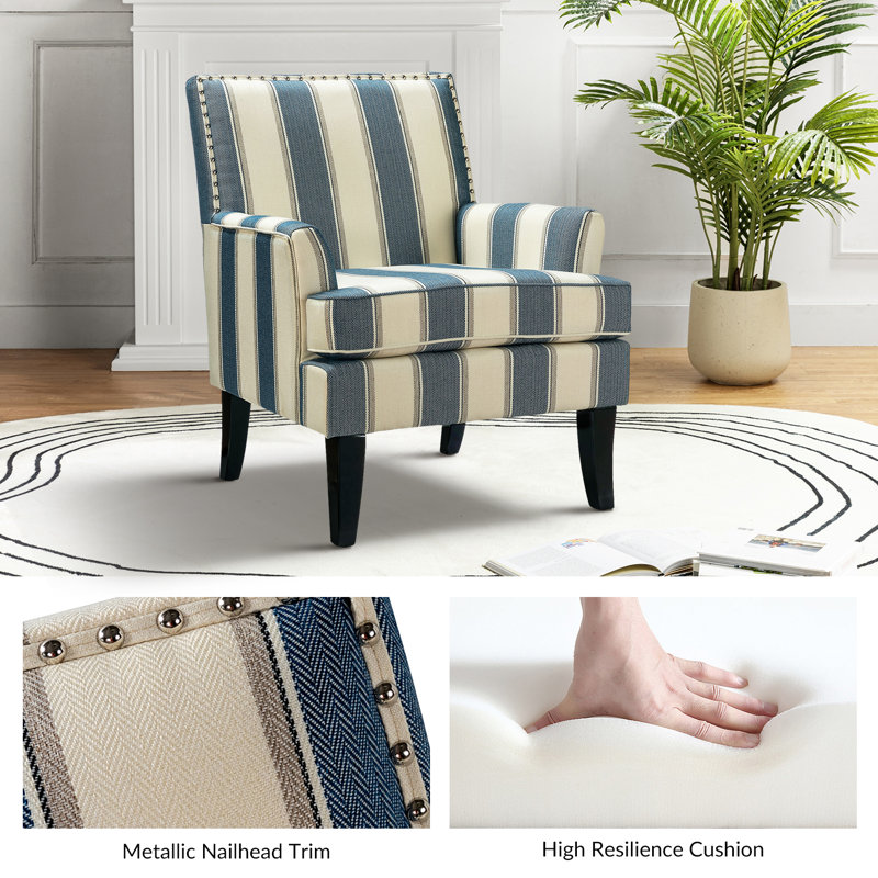 Fauteuil rembourré de 27,15 po de largeur avec garniture cloutée Iliana, Mélange de polyester bleu / beige à rayures