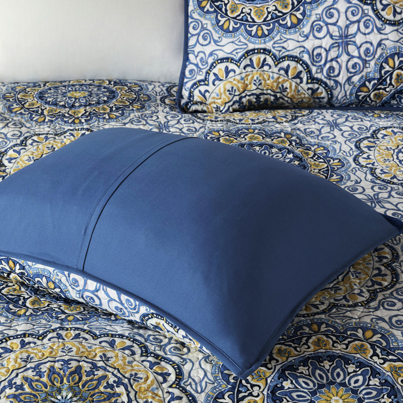 Courtepointe bleue / double - 6 pièces, médaillons floraux, coussins brodés, machine à médaillon lavable, décoration intérieure