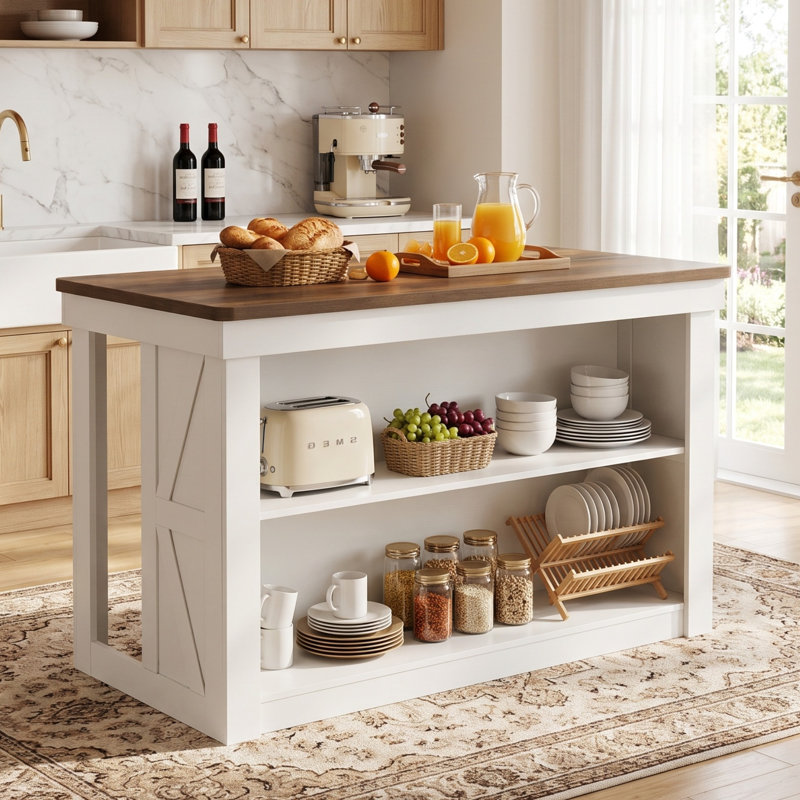 Îlot de cuisine de 140 cm (55,12 pouces) avec étagères de rangement ouvertes, style champêtre, blanc et brun