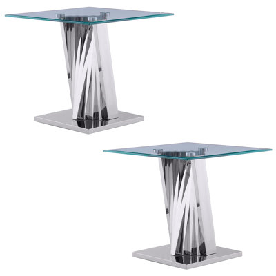 Ensemble de 2 tables de bout en verre transparent avec base géométrique argentée