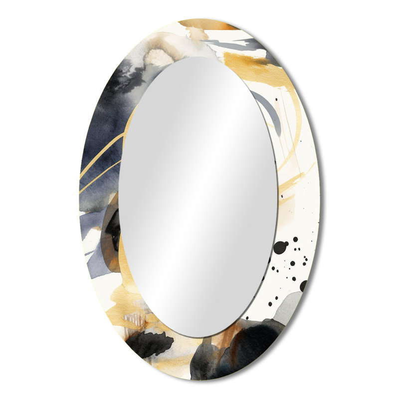 Pastel Abstract With Blue Black & Gold Spots XIII - Abstract Oval Decorative Mirror On Metal, 36" x 24"