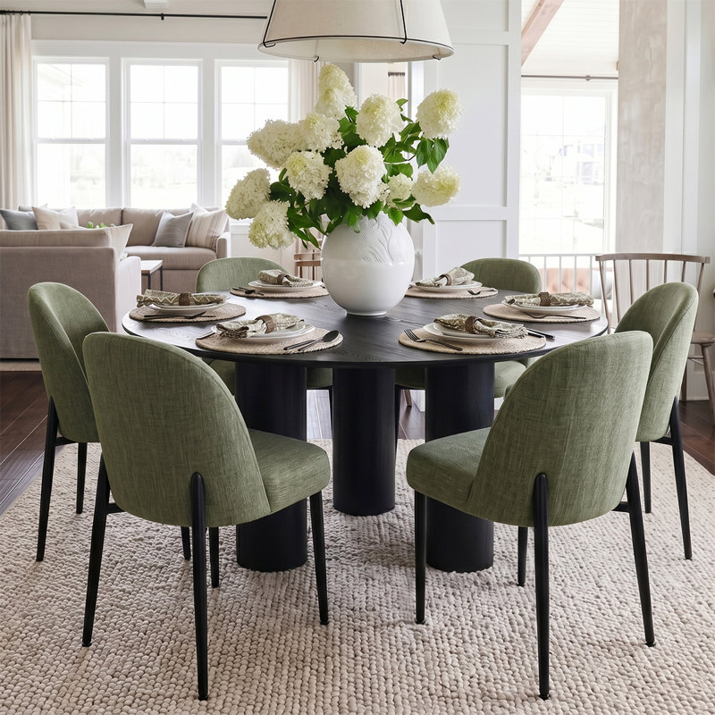 Modern 7-Piece Round Dining Set With Multi-Pedestal Base Table And Upholstered Side Chairs, Green