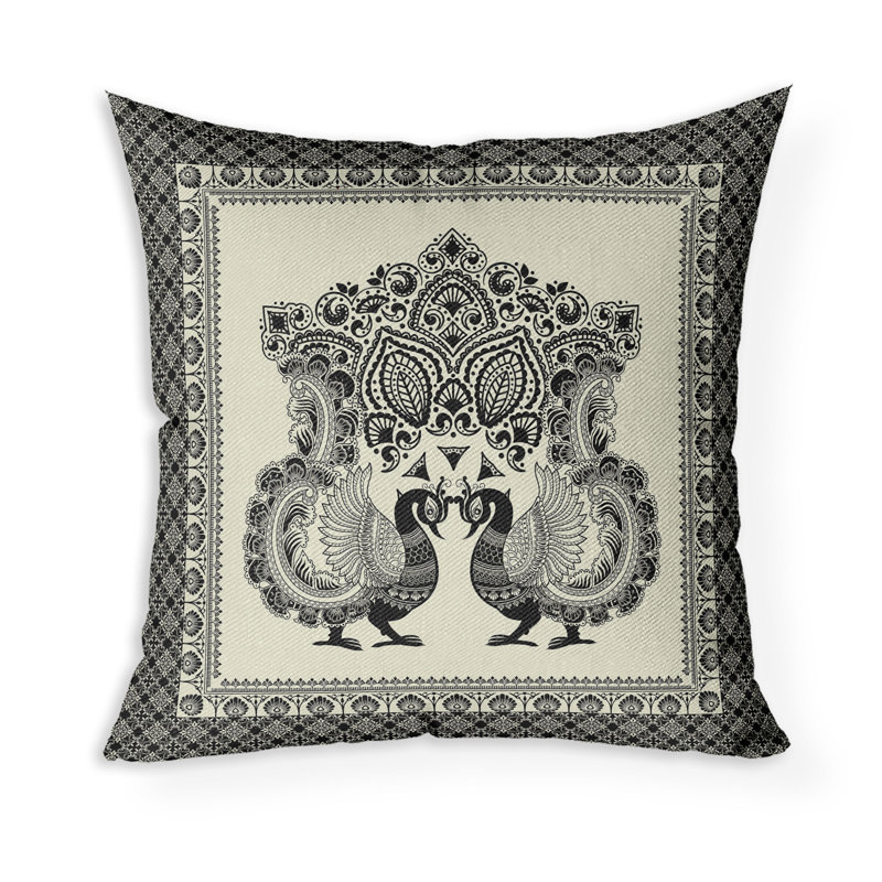 Coussin Peacock Prowess, H 18 po x l 18 po, Noir / Beige