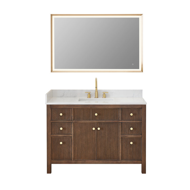 Lala 48" Single Bathroom Vanity with Grain White Engineered Stone Countertop with Mirror, Brown Brushed Oak
