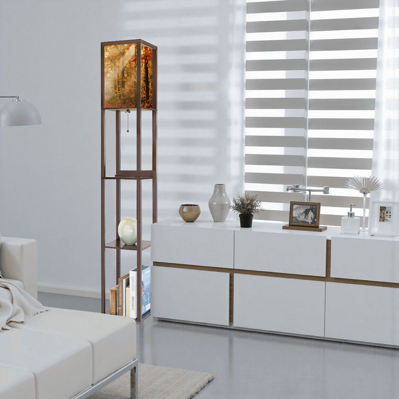 Modern Floor Lamp with Shelves USB Ports and Fabric Shade, Brown