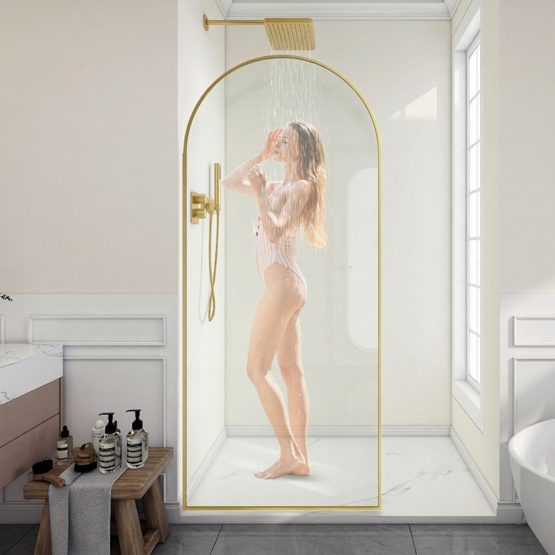 Ember Series 78 In. X 34 In. Framed Arch Fixed Shower Screen Door In Brushed Gold With 8Mm Tempered Clear Glass, Clear