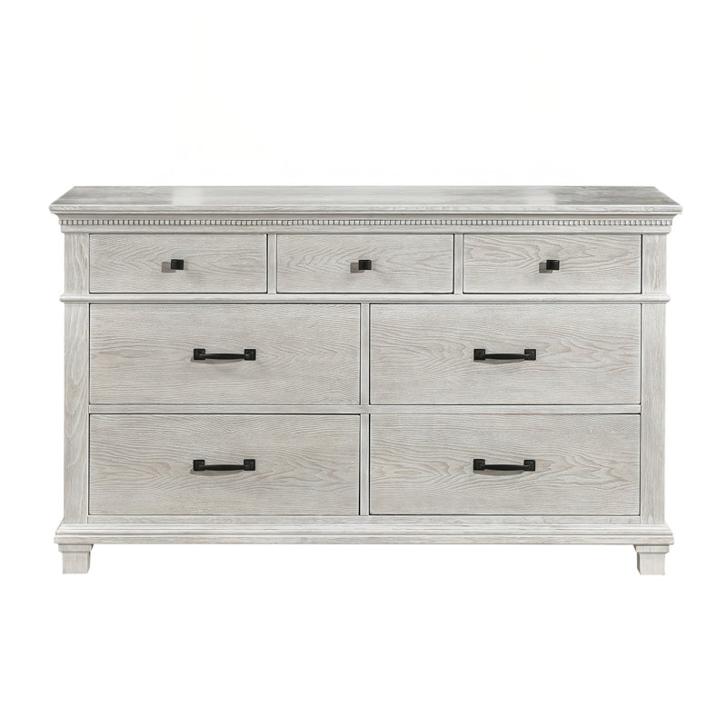 Commode large Avy, bois de pin gris clair clair, 7 tiroirs spacieux