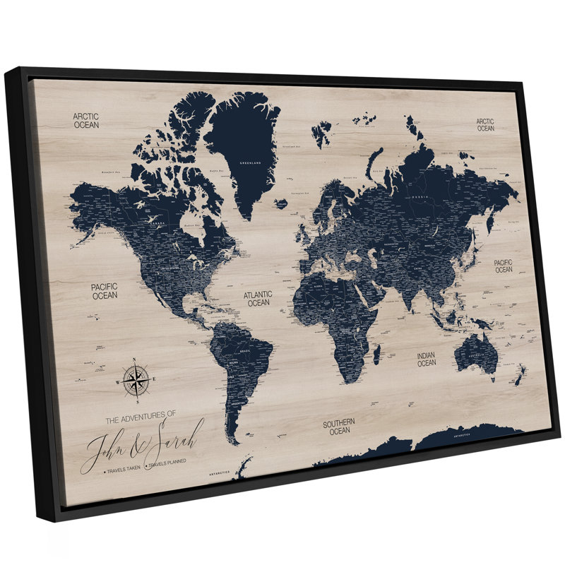 Carte du monde personnalisée en bois à punaises modernes - 3 panneaux, Gris, H 25,5 po x l 41,5 po, Noir