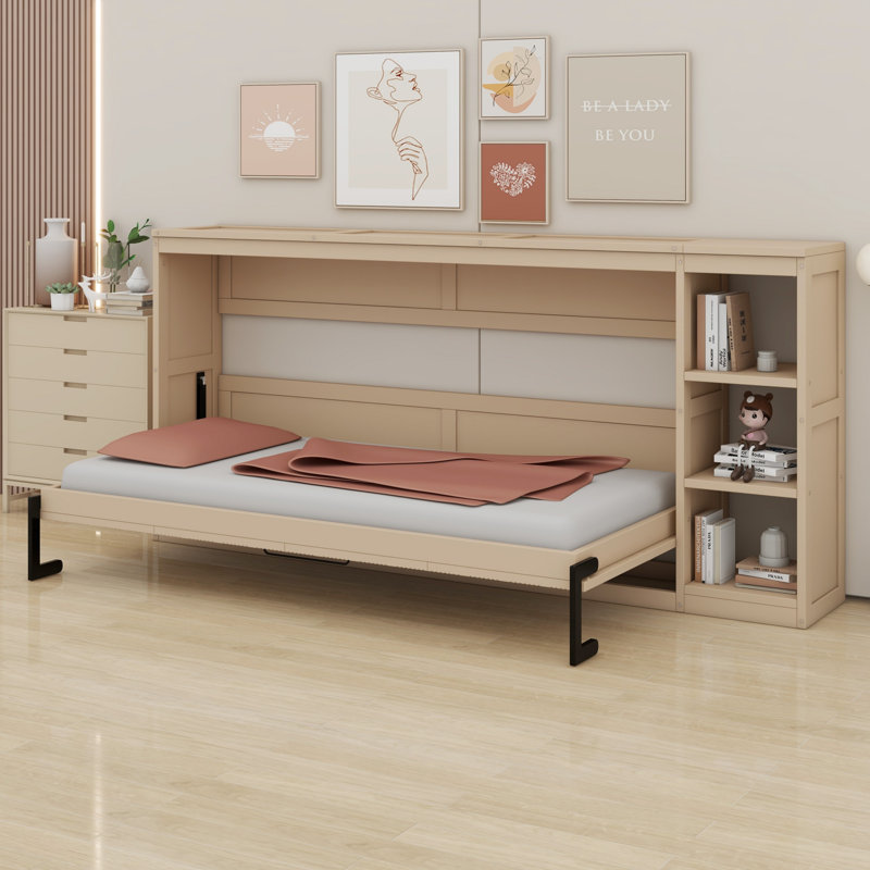 Murphy Bed With Bookshelf, Natural, Full/Double