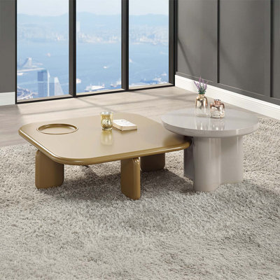 Table basse carrée, brun jaunâtre et gris clair ultrabrillant