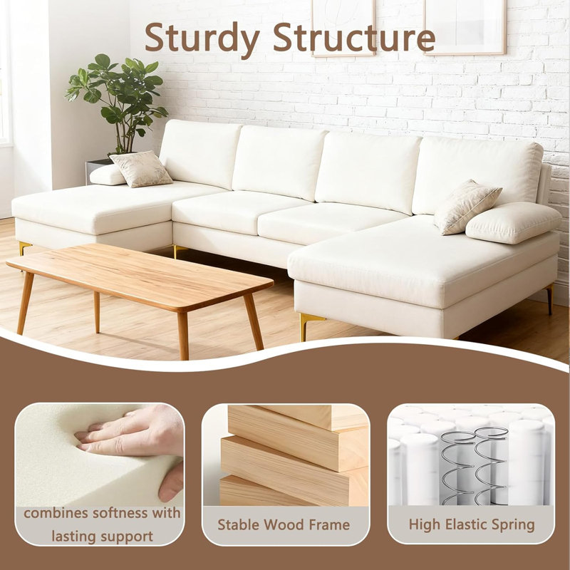 3-piece Fluffy Fabric U-shaped Sectional Sofa, Off White Fabric