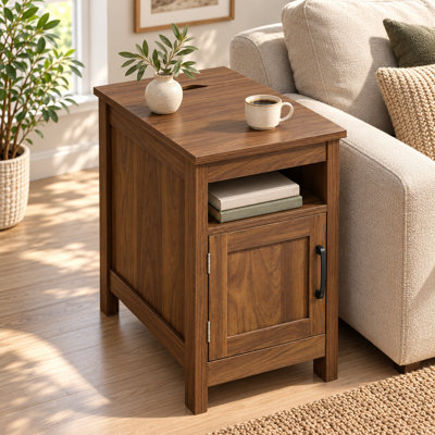 Alisma 24''H Farmhouse End Table with Flip-Top Storage, Open Shelf and Cabinet, Narrow End Table and Bedside Nightstand, Wooden Side Table for Living Room & Bedroom