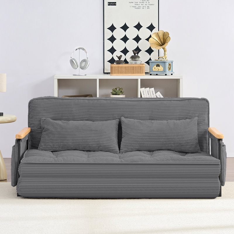 2-in-1 Convertible Loveseat Recliner with Wooden Arms & Side Pockets, Gray