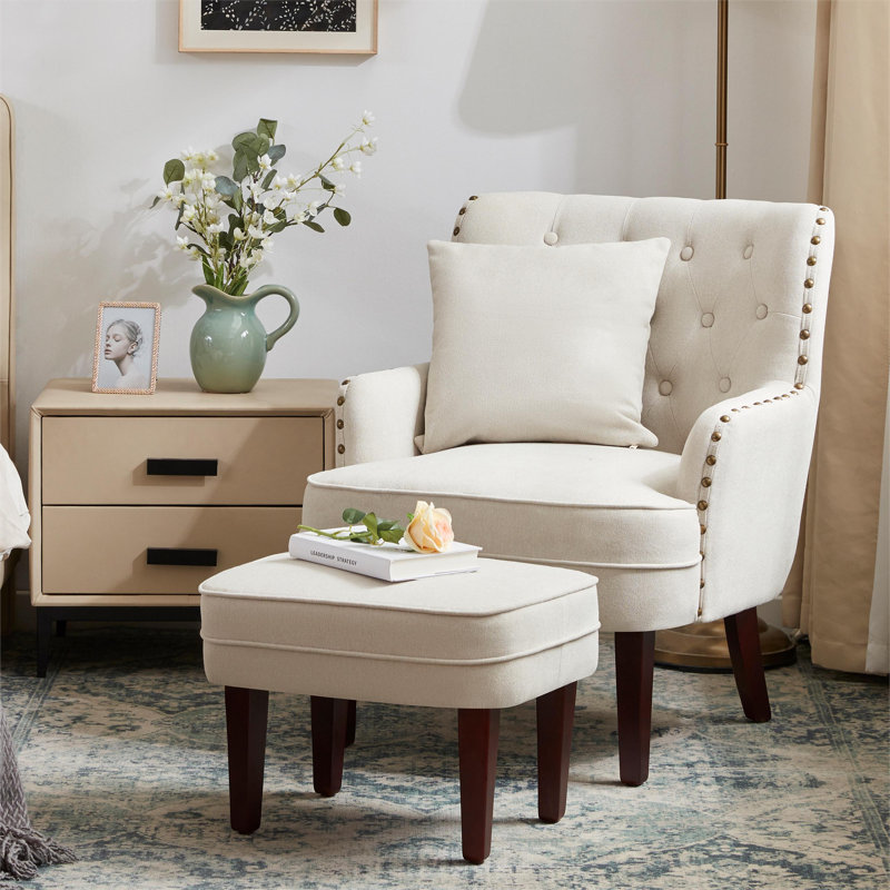 HIMO 28.3'' Wide Soft Sofa and Ottoman with 1 Pillow, Beige 100% Polyester