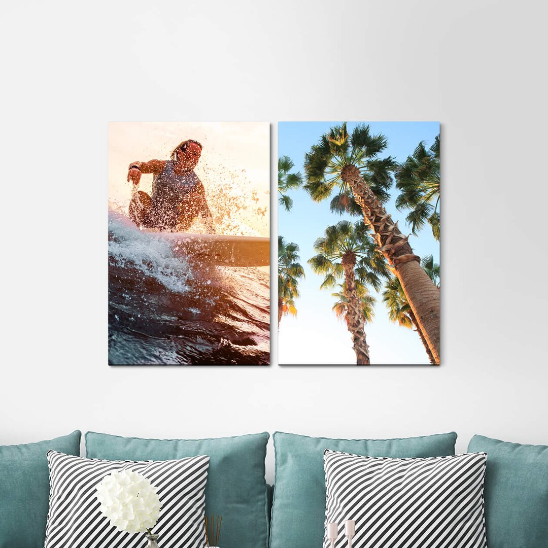 2-tlg. Leinwandbilder-Set - Fotografie „Surfer Palm Trees Sea Waves Summer Surfboard Vacation”